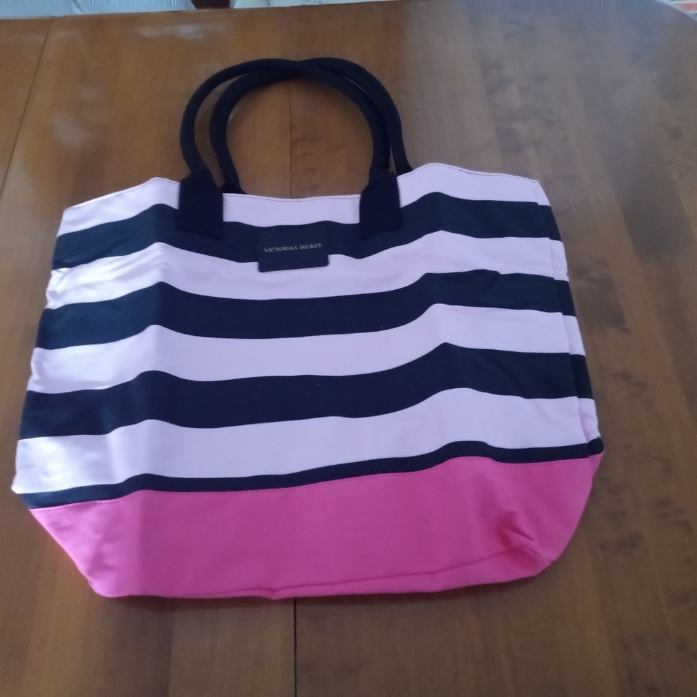 Victoria's Secret Black and Pink Striped Tote